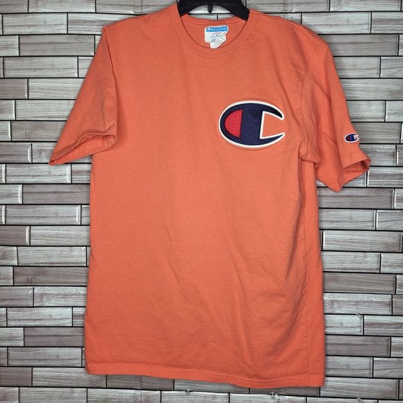 Vintage Look Champion Big C Embroidered Orange T-Shirt Men's Size Large Top - Picture 1 of 12